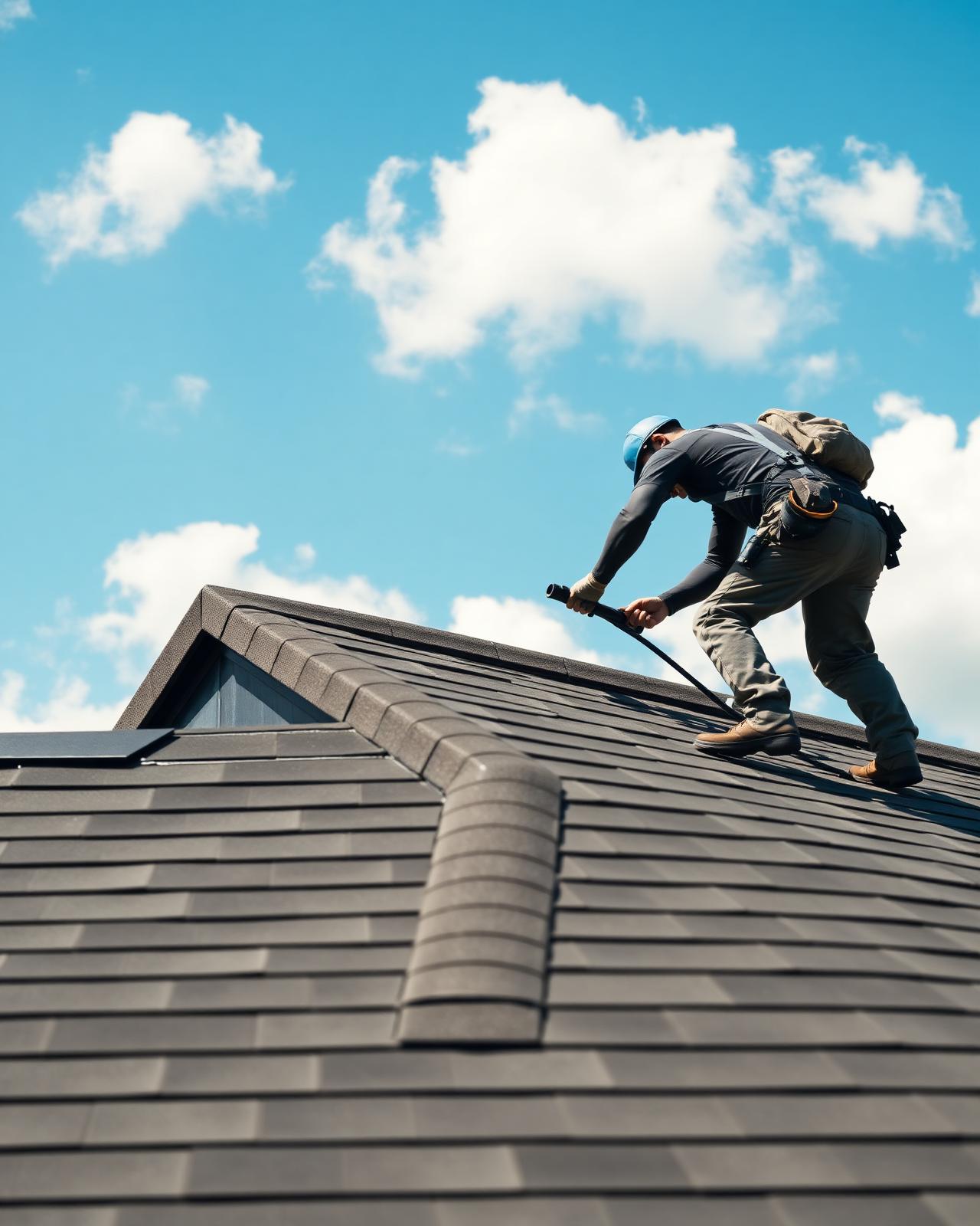 Professional roofer installing shingles on a modern roof